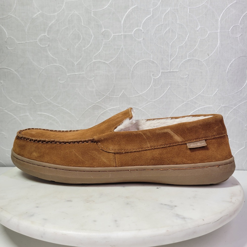 Eddie Bauer Sherman Slippers Mens 13 Brown Suede Faux Shearling Lined Moccasin